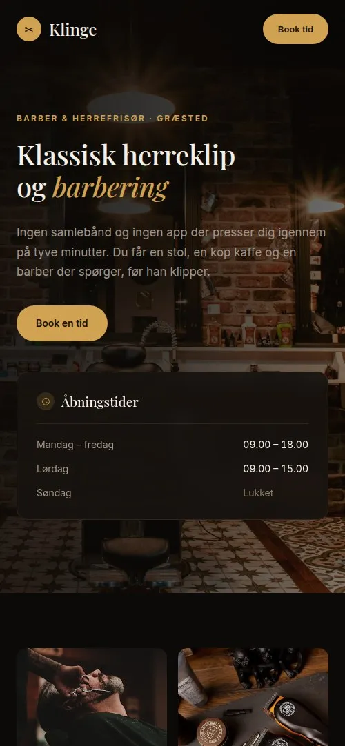 Forsiden af en hjemmeside for en barber, vist på en telefon