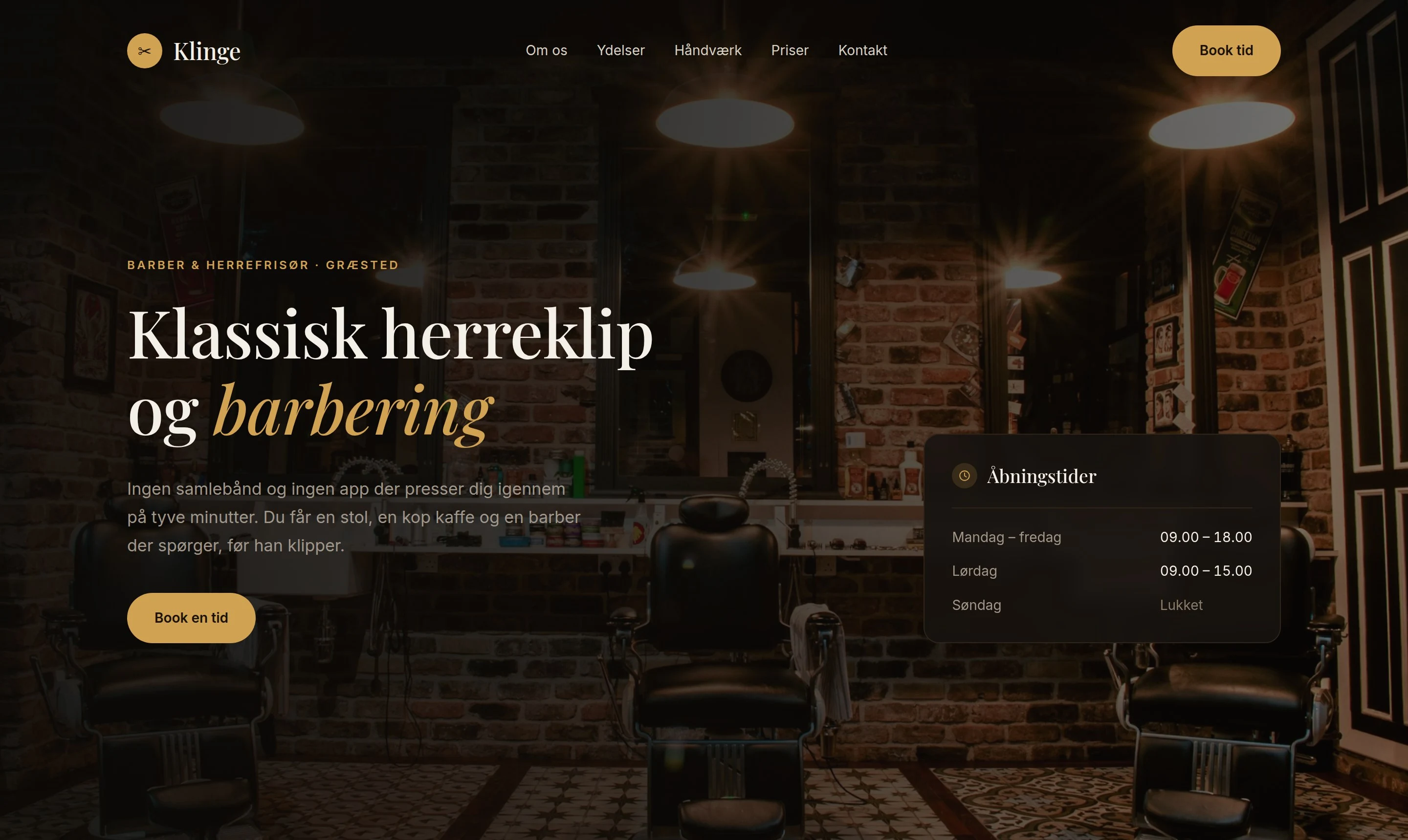 Mørk hjemmeside til en barbershop med overskriften »Klassisk herreklip og barbering«