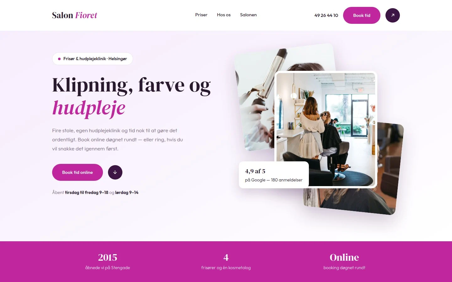 Lavendel hjemmeside til en frisørsalon med magenta accent, lagdelte fotokort og overskriften »Klipning, farve og hudpleje«