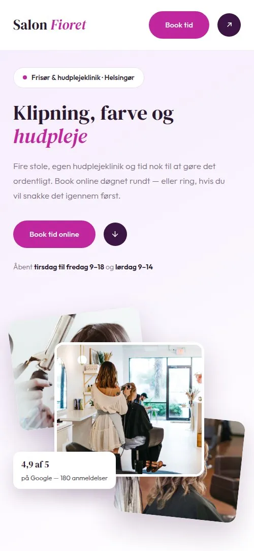 Forsiden af en hjemmeside for en frisør, vist på en telefon