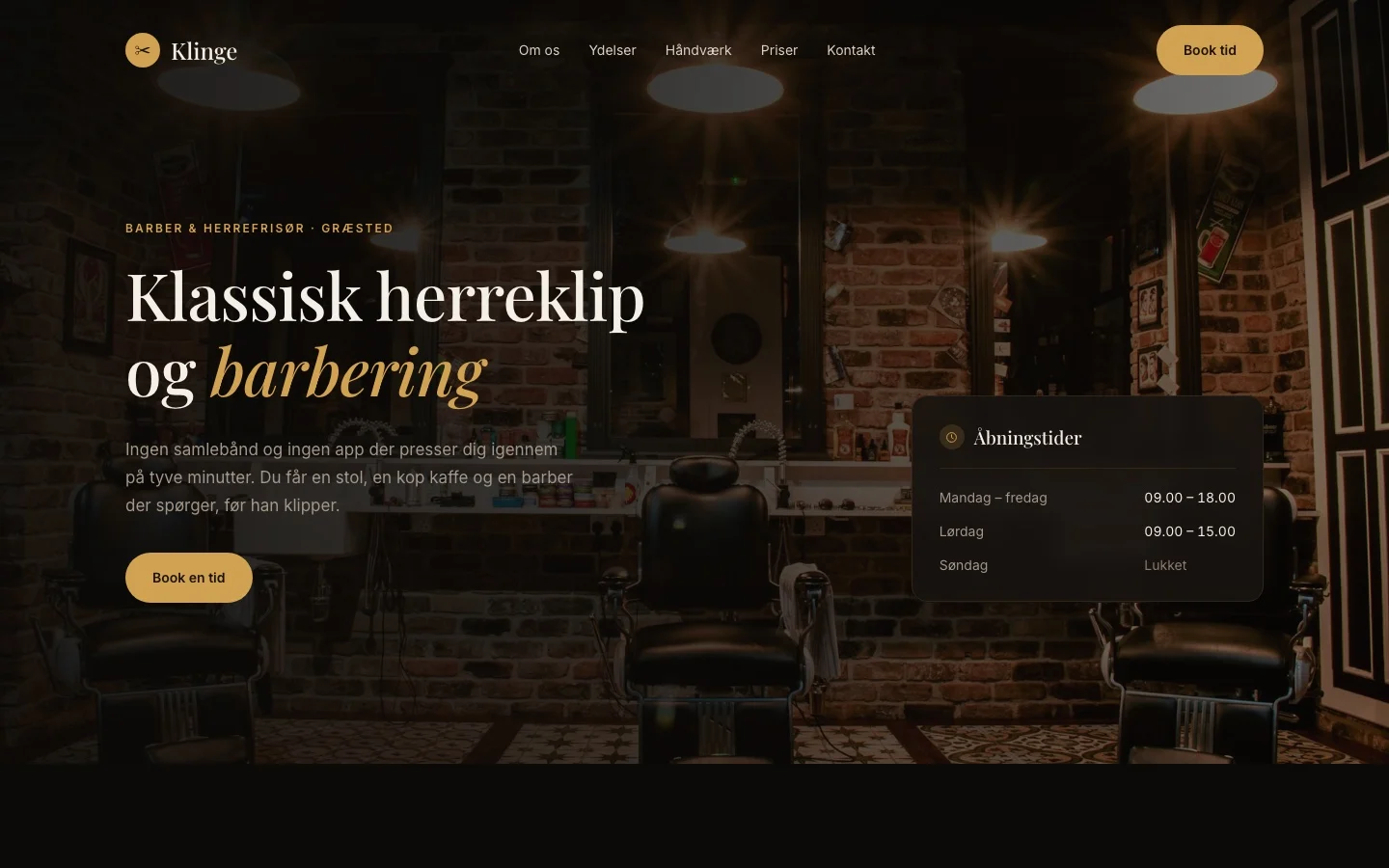 Mørk hjemmeside til en barbershop med overskriften »Klassisk herreklip og barbering«