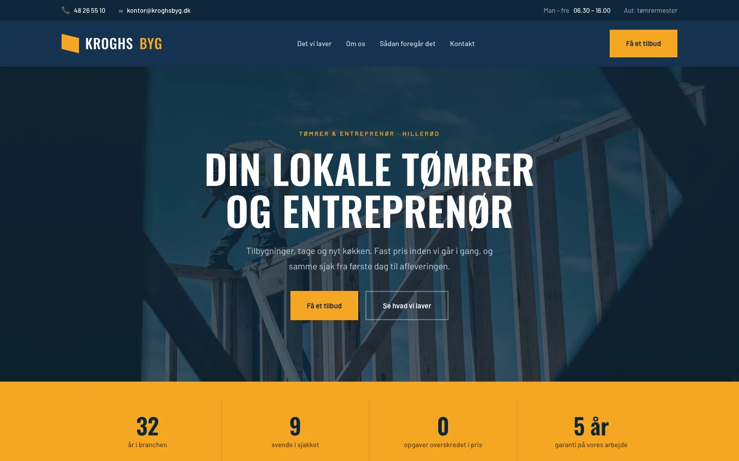 Hjemmeside til en tømrervirksomhed med overskriften »Din lokale tømrer og entreprenør«