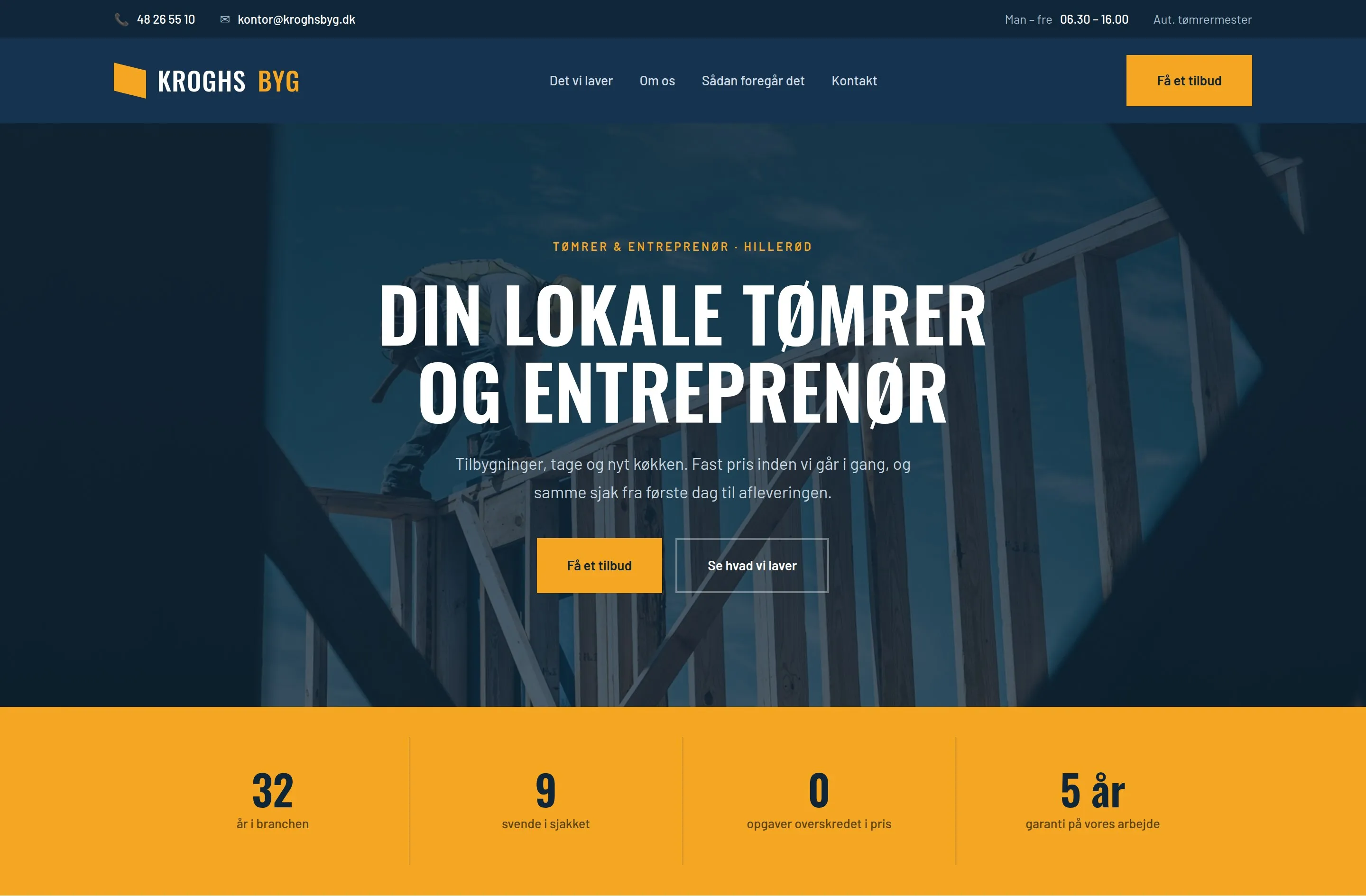 Forsiden af en ny hjemmeside for et tømrerfirma. Stort billede fra en byggeplads, telefonnummer og knap øverst, og tre tal om firmaet nederst