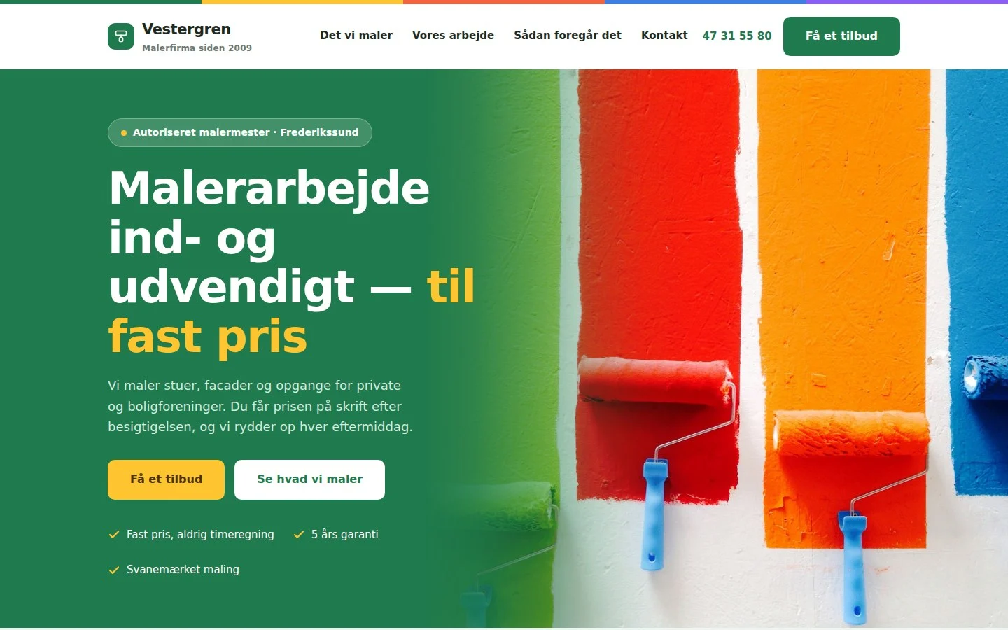 Lys hjemmeside til et malerfirma med farveprøver og et gult malerstrøg bag overskriften »Malerarbejde ind- og udvendigt, til fast pris«